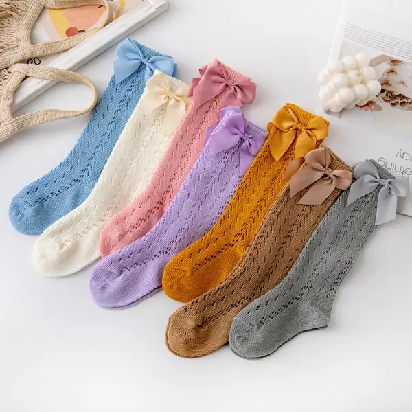 【0Y-7Y】Girls Multicolor Bow Hollow Cotton Socks - Popopieshop.com 