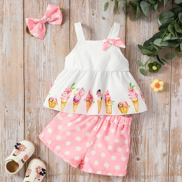 【6M-3Y】3-piece Baby Girls Cute Dessert Print Top And Polka Dot Shorts Set With Bow Hair Tie - Popreal.com 