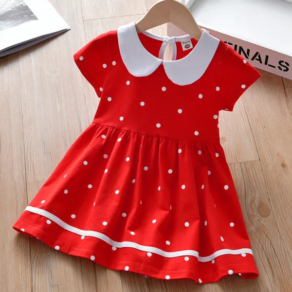【18M-8Y】Girls Red Polka Dot Lapel Short-sleeved Dress - Popopieshop.com 