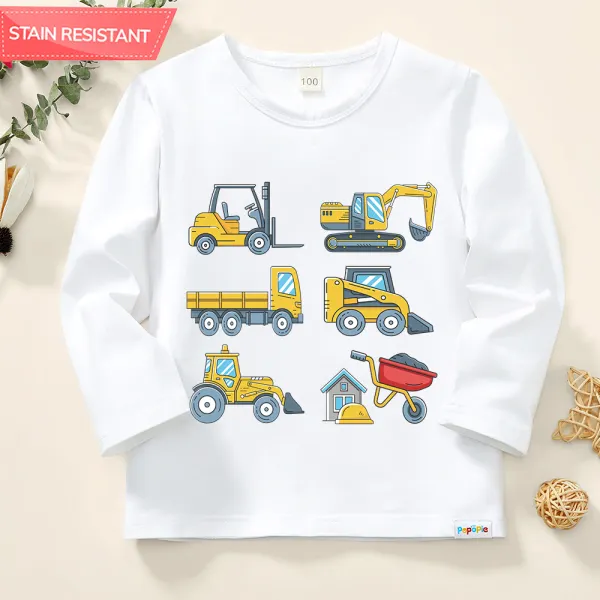 【12M-9Y】Boys Excavators And Construction Vehicles Print Cotton Stain Resistant Long Sleeve T-shirt - Popopieshop.com 