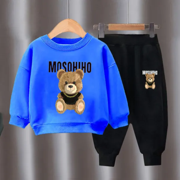【18M-10Y】2-piece Unisex Slack Bear Print Crewneck Sweatshirt And Pants Set - 4456 - Popopieshop.com 