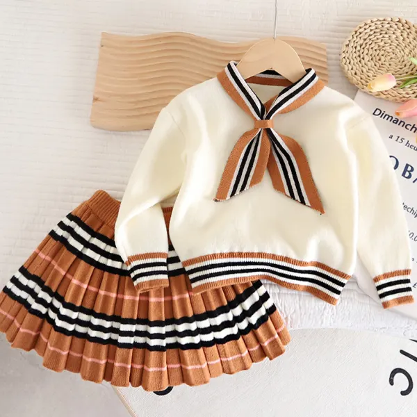 【12M-9Y】Girl Sweet Striped Sweater And Skirt Set - 34134 - Popopieshop.com 