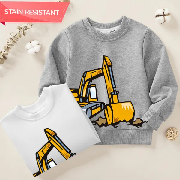【12M-9Y】Boy Yellow Excavator Print Cotton Stain Resistant Long Sleeve Sweatshirt - Popopieshop.com 