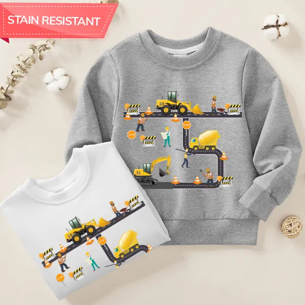 【12M-9Y】Boy Cotton Stain Resistant Excavator Print Long Sleeve Sweatshirt - Popopieshop.com 