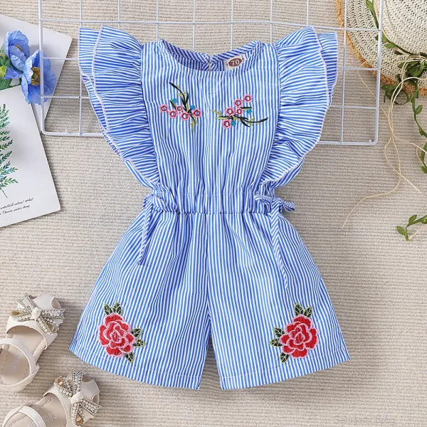【6M-5Y】Girl Cute Striped Floral Embroidery Ruffle Sleeveless Jumpsuit - 3906 - Popopieshop.com 