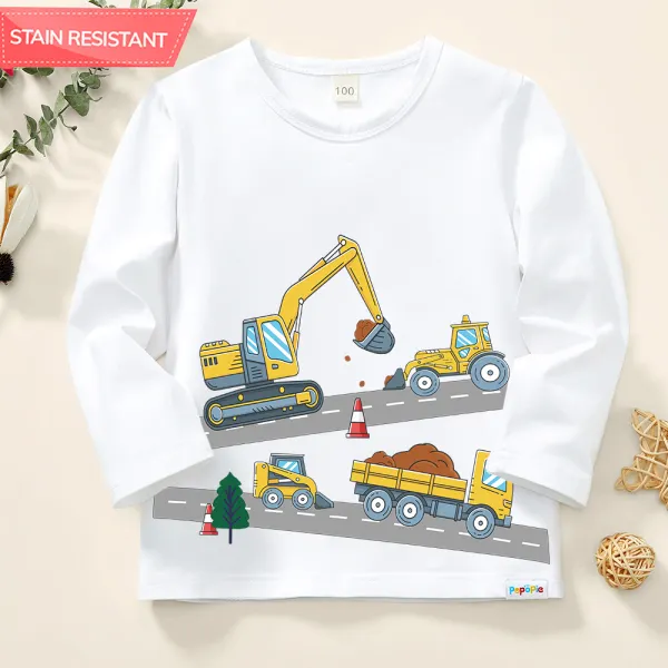 【12M-9Y】Boy Excavator Print Cotton Stain Resistant Long Sleeve T-shirt - Popopieshop.com 