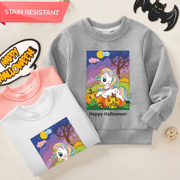 【12M-9Y】Girl Halloween Pumpkin And Unicorn Print Cotton Stain Resistant Long Sleeve Sweatshirt - Popopieshop.com 