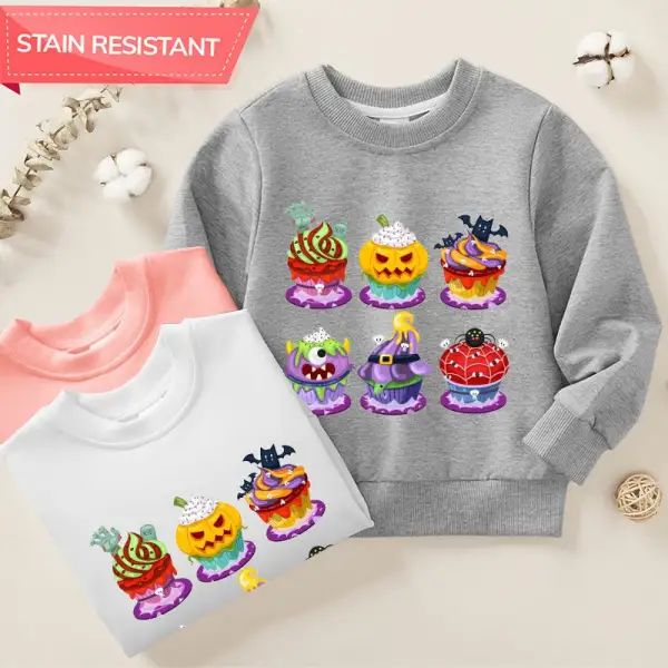【12M-9Y】Girl Cotton Stain Resistant Halloween Cartoon Cake Print Long Sleeve Sweatshirt - Popopieshop.com 