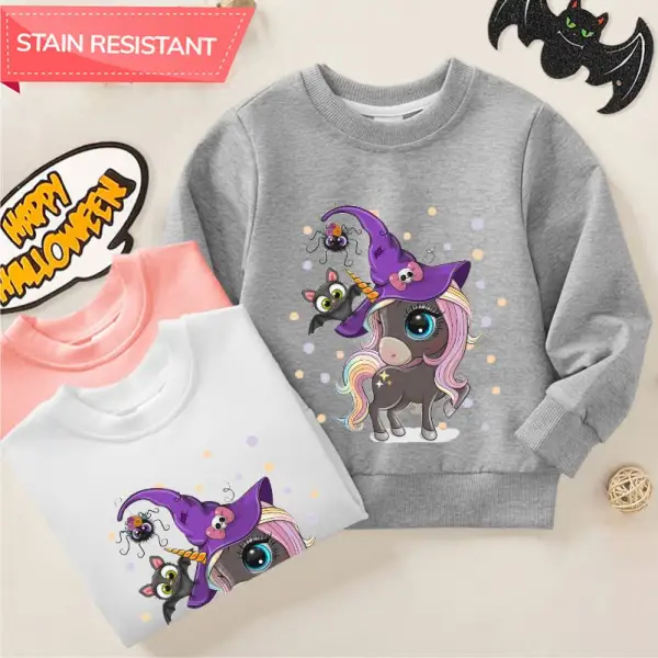 【12M-9Y】Girl Cotton Stain Resistant Halloween Unicorn Print Long Sleeve Sweatshirt - Popopieshop.com 
