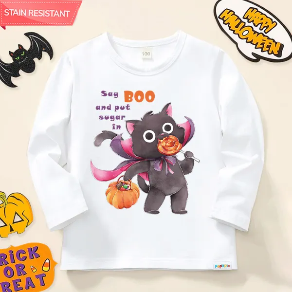 【12M-9Y】Kids Halloween Cat And Letters Print Cotton Stain Resistant Long Sleeve T-shirt - Popopieshop.com 
