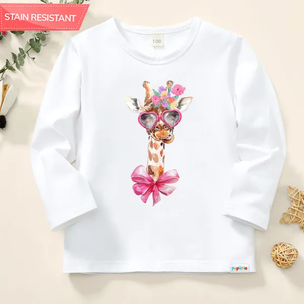 【12M-9Y】Girl Giraffe And Flowers Print Cotton Stain Resistant Long Sleeve T-shirt - Popopieshop.com 