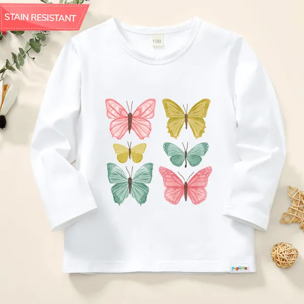【12M-9Y】Girl Butterfly Print Cotton Stain Resistant Long Sleeve T-shirt - Popopieshop.com 