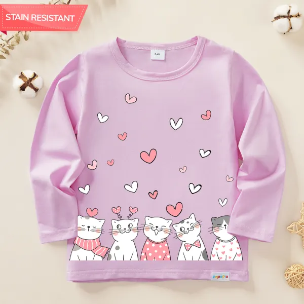 【12M-9Y】Girl Cotton Stain Resistant Cat Print Long Sleeve Tee - 7125 - Popopieshop.com 