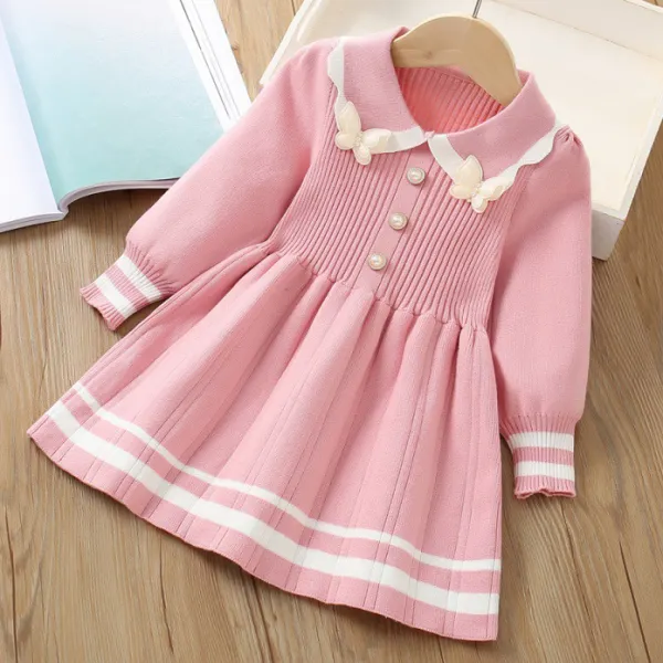 【18M-6Y】Girls Sweet Butterfly Lapel Long Sleeve Pleated Sweater Dress - 33358 - Popopieshop.com 