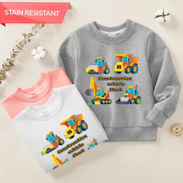 【12M-9Y】Boys Excavator And Construction Vehicle Fleet Print Cotton Stain Resistant Long Sleeve Sweatshirt - Popopieshop.com 