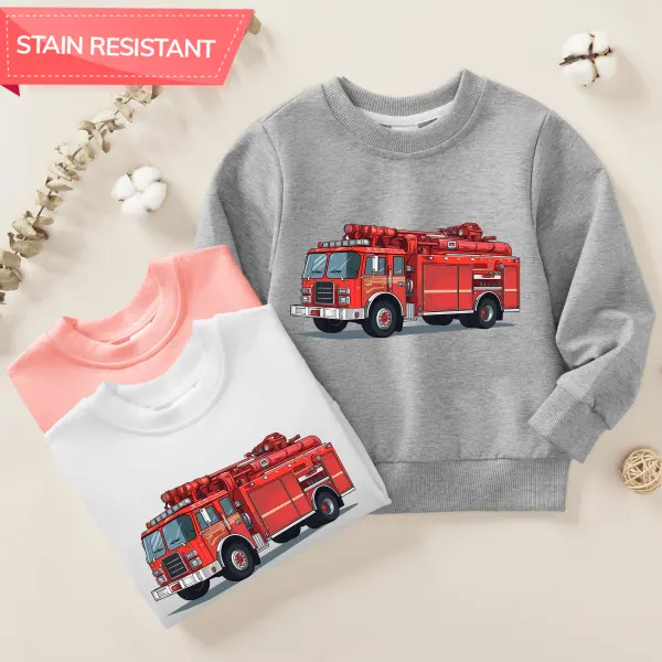 【12M-9Y】Boys Fire Truck Red Cartoon Fire Engine Print Cotton Stain Resistant Long Sleeve Sweatshirt - Popopieshop.com 