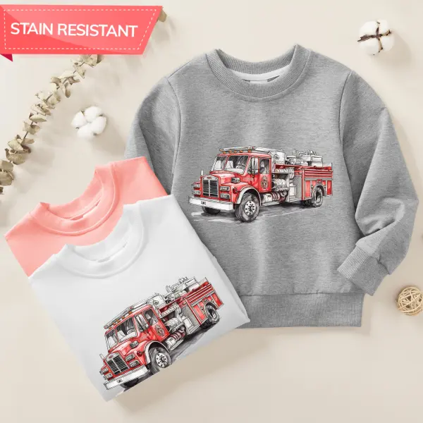 【12M-9Y】Boys Fire Truck Red Cartoon Fire Engine Print Cotton Stain Resistant Long Sleeve Sweatshirt - Popopieshop.com 