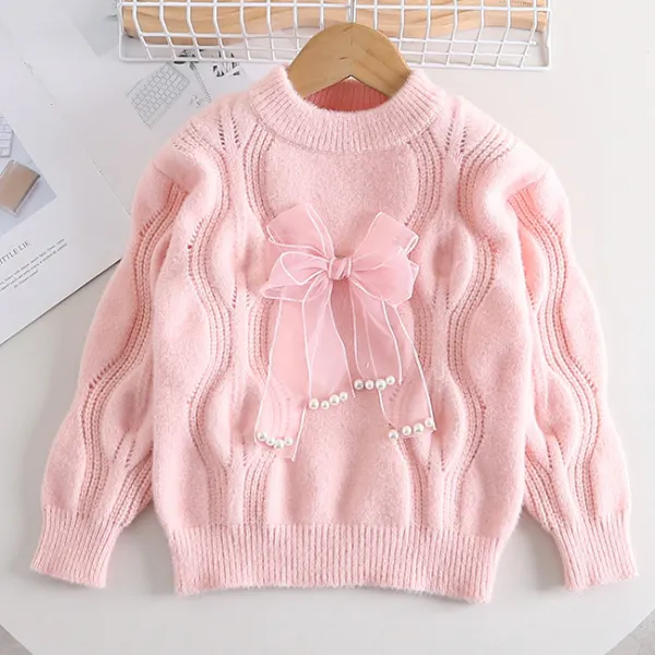 【3Y-10Y】Girls Fashion Pearl Bow Round Neck Long Sleeve Sweater - Popopieshop.com 