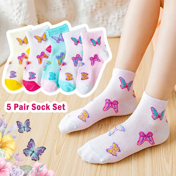 5-Pairs Of Socks Girls Sweet Colorful Butterfly Jacquard Comfy Socks Set - Popopieshop.com 