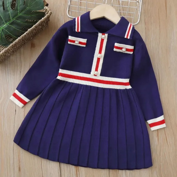 【18M-6Y】Girls Fashion Striped Patchwork Lapel Long Sleeve Dress - 33341 - Popopieshop.com 
