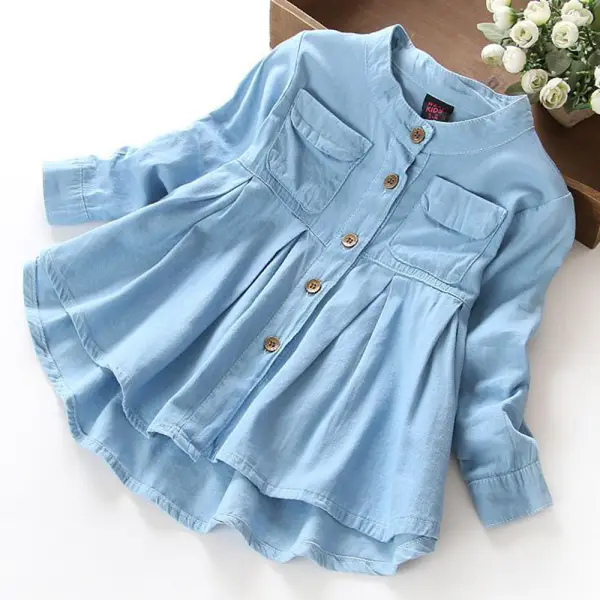 【3Y-12Y】Girls Denim Long Sleeve Shirt - 31142 - Popopieshop.com 