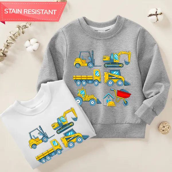 【12M-9Y】Boys Yellow Excavator And Truck Print Cotton Stain Resistant Long Sleeve Sweatshirt - 7200 - Popopieshop.com 