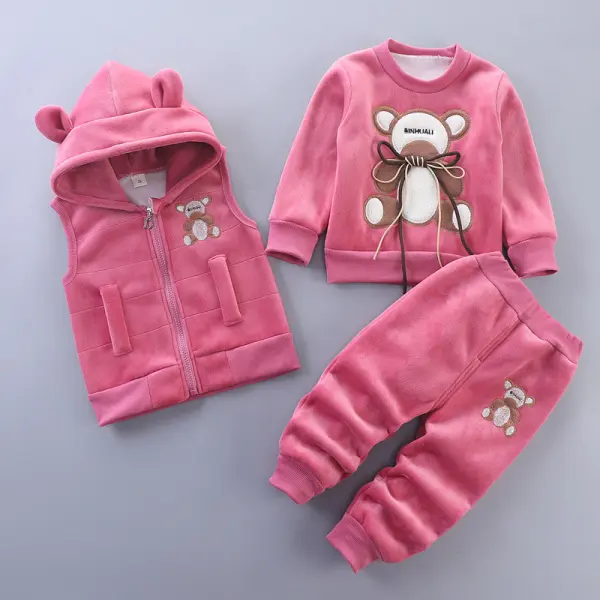 【12M-4Y】3-piece Unisex Cute Warm Monkey Embroidered Bowknot Round Neck Sweatshirt Hooded Vest Coat And Pants Set - 4450 Only $6.99 - Popopieshop.com 