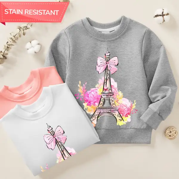 【12M-9Y】Girl Cotton Stain Resistant Eiffel Tower Print Long Sleeve Sweatshirt - Popopieshop.com 