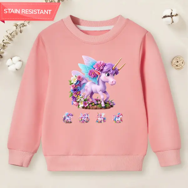 【12M-9Y】Girl Two-horned Unicorn And Flowers Print Cotton Stain Resistant Long Sleeve Sweatshirt - Popopieshop.com 