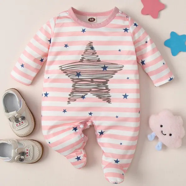 【0M-12M】Baby Girl Pink Striped Star Print Long Sleeve Romper - Popopieshop.com 