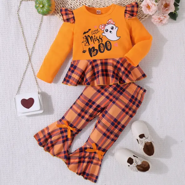 【12M-5Y】2-Piece Girls' Orange Halloween Print Long Sleeve T-Shirt And Plaid Pants Set - Popopieshop.com 