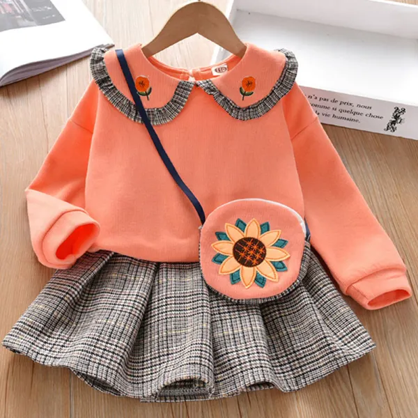 【18M-7Y】Girl 3-piece Doll Collar Sweatshirt And Plaid Pleated Skirt Set With Bag - 34157 - Popopieshop.com 