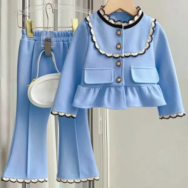 【12M-6Y】2-piece Girls Elegant Lace Ribbon Ruffle Blue Cardigan And Pants Set (Bag Not Included) - Popopieshop.com 