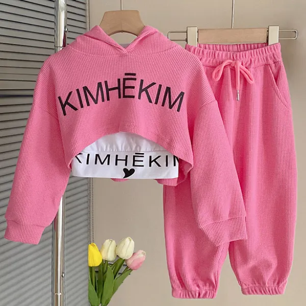 【18M-7Y】3-piece Girls Casual Letter Printed Vest And Hooded Sweatshirt And Pants Set - 34431 - Popopieshop.com 