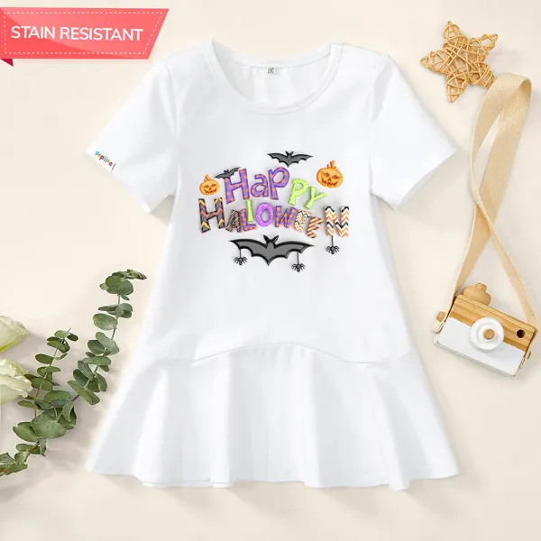 【18M-9Y】Girl Stain Resistant Cotton Halloween Print Short Sleeve Dress - Popopieshop.com 