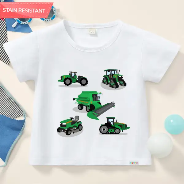 【12M-9Y】Boy Cotton Stain Resistant Bulldozers Print Short Sleeve Tee - Popopieshop.com 