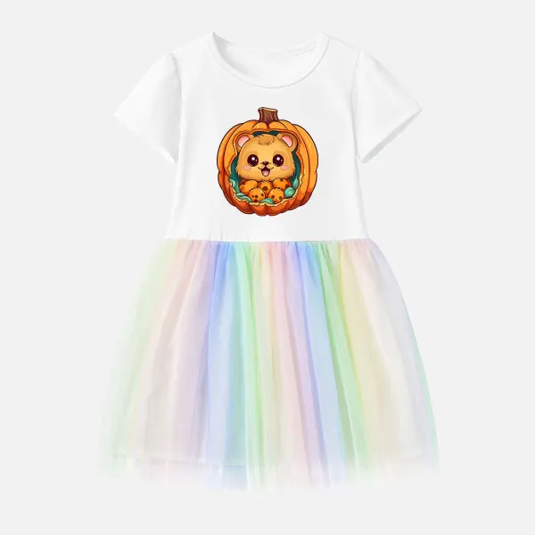 【12M-7Y】Girl Cotton Stain Resistant Halloween Print Splicing Tulle Short Sleeve Dress - Popopieshop.com 