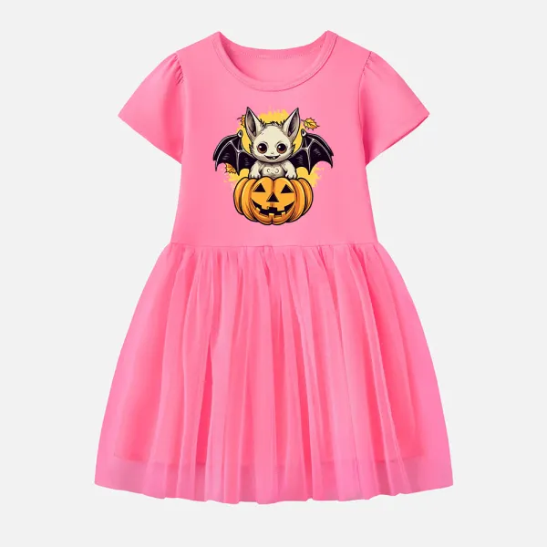 【12M-7Y】Girl Cotton Stain Resistant Halloween Print Splicing Tulle Short Sleeve Dress - Popopieshop.com 