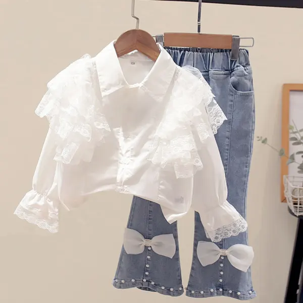 【3Y-10Y】2-piece Girl Sweet White Chiffon Lace Panel Ruffle Lapel Shirt And Bowknot Flared Jeans Set - 34452 - Popopieshop.com 