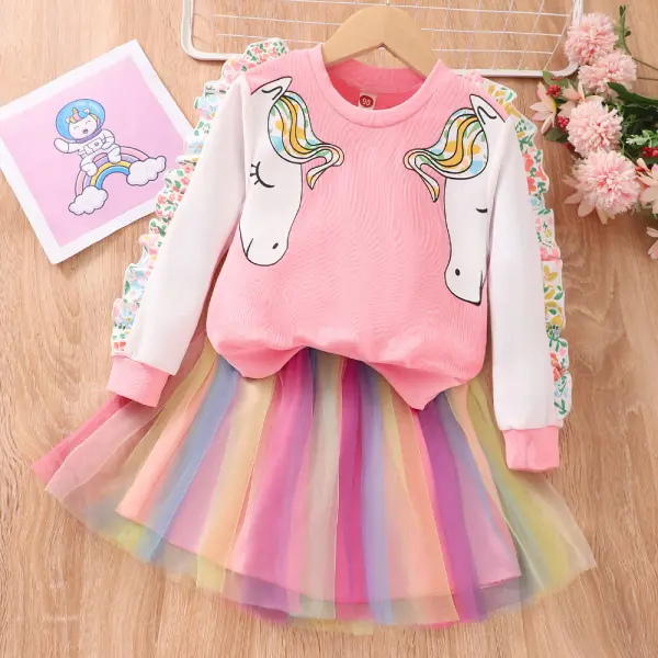 【18M-6Y】2-piece Girl Sweet Unicorn Print Ruffle Round Neck Sweatshirt And Rainbow Tulle Skirt Set - Popopieshop.com 
