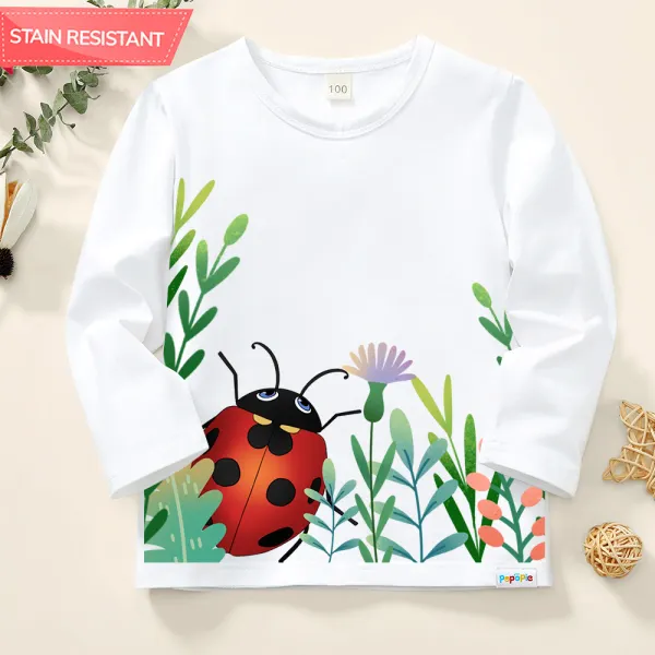 【12M-9Y】Girl Cotton Stain Resistant Ladybug Print Long Sleeve Tee - Popopieshop.com 