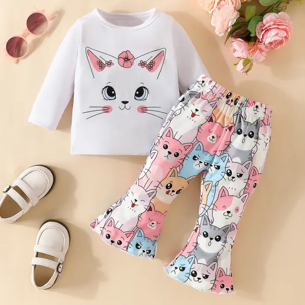 【6M-3Y】2-piece Baby Girl Cute Cotton Cat Butterfly Print Long Sleeve T-shirt And Flared Pants Set - Popopieshop.com 