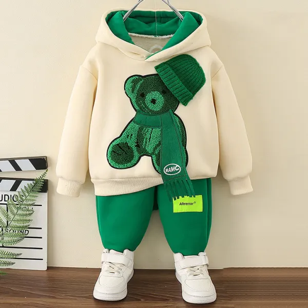 【12M-8Y】2-piece Boys Casual Scarf Bear Embroidered Hooded Sweatshirt And Pants Set - 4457 - Popopieshop.com 
