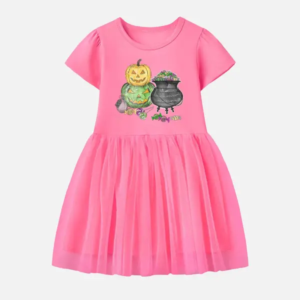 【12M-7Y】Girl Cotton Stain Resistant Halloween Print Splicing Tulle Short Sleeve Dress - Popopieshop.com 