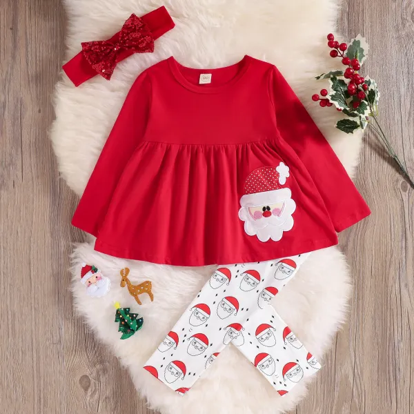 【12M-6Y】Girl 3-piece Santa Embroidered Red Long-sleeved Top And Leggings Set with Headband Only $8.99 - Popopieshop.com 