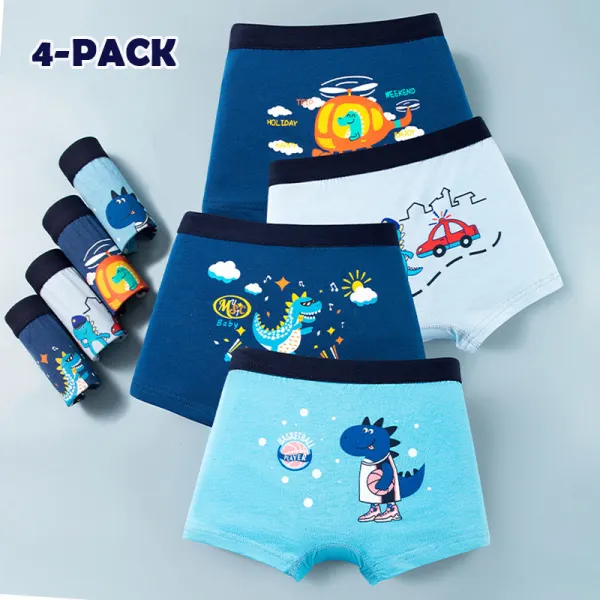 【3Y-14Y】4-Pack Boys Blue Dinosaur Print Panties - Popopieshop.com 