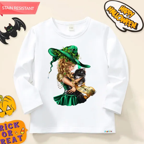 【12M-9Y】Girl Cotton Stain Resistant Halloween Print Long Sleeve Tee - Popopieshop.com 