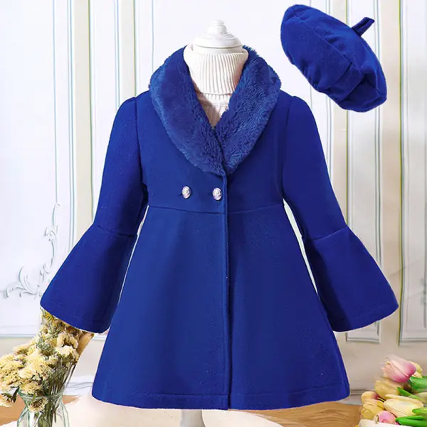 【18M-6Y】2-piece Girl Elegant Christmas And New Year Red Tweed Keep Warm Plush Stitching Collar Bell Sleeve Coat With Hat - 31117 - Popopieshop.com 