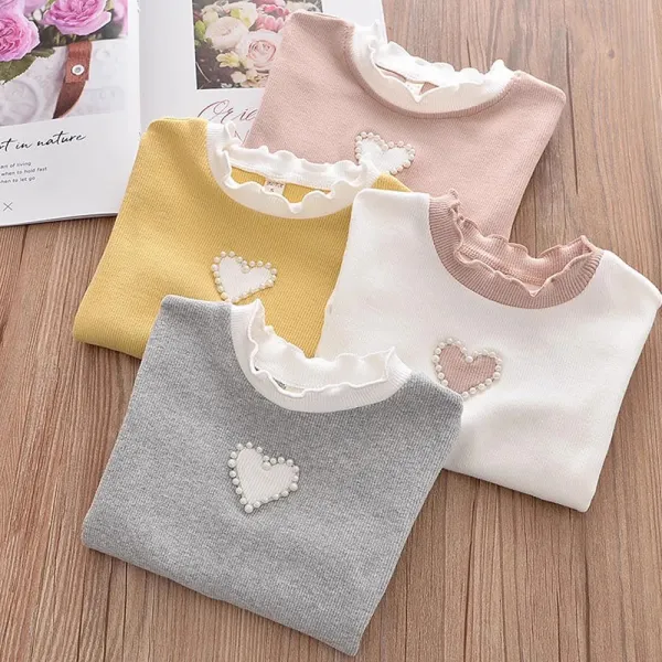 【18M-8Y】Girl Casual Heart Print Colorblock Long Sleeve T-shirt - 4136 - Popopieshop.com 