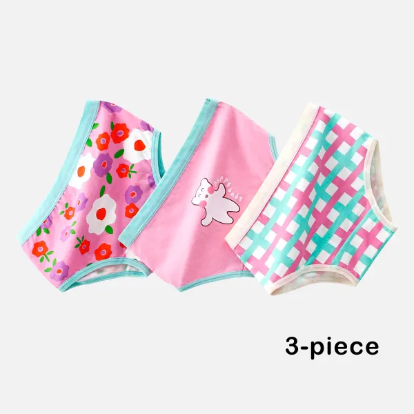 【2Y-12Y】3-piece Girls Cartoon And Floral And Plaid Printed Cotton Panty Set - Popopieshop.com 